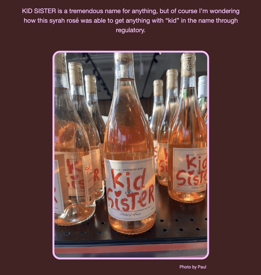 The image shows a row of rosé wine bottles on a shelf with a label reading "KID SISTER." The text above the photo expresses the author's intrigue about the name of the wine, particularly the use of "kid" in its branding. Here is the alt text including all of the text that appears in the image:

"Photo of several rosé wine bottles on a shelf labeled 'KID SISTER.' The bottles have a pink hue and feature a playful font on the labels, with a drawing of a ribbon. The text above the photo reads: 'KID SISTER is a tremendous name for anything, but of course I’m wondering how this syrah rosé was able to get anything with “kid” in the name through regulatory.' The image has a pink border, and in the lower right corner, it's credited 'Photo by Paul'."