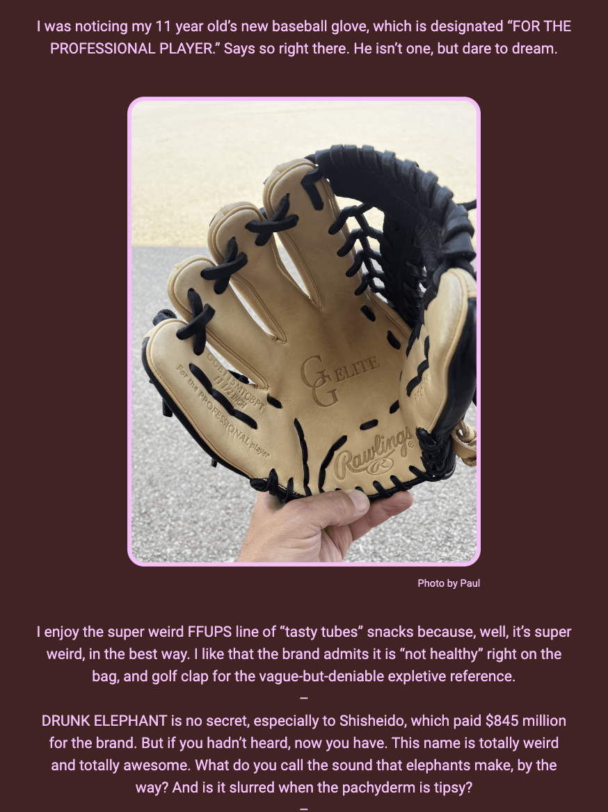 The image displays a person's hand holding a tan and black baseball glove with text imprinted on it, and there's accompanying text at the top and bottom around the image. Here is the alt text including all of the text that appears in the image:

"A hand holding a beige and black baseball glove with the text 'G ELITE' and 'FOR THE PROFESSIONAL PLAYER' imprinted on it. The glove also features the brand name 'Rawlings' and other details such as 'CATCHER'S MITT' and 'SOME FOR THE PRO LOOP.' Above the image, the text reads: 'I was noticing my 11 year old’s new baseball glove, which is designated “FOR THE PROFESSIONAL PLAYER.” Says so right there. He isn’t one, but dare to dream.' Below the image, more text states: 'I enjoy the super weird FFUPS line of “tasty tubes” snacks because, well, it’s super weird, in the best way. I like that the brand admits it is “not healthy” right on the bag, and golf clap for the vague-but-deniable expletive reference. DRUNK ELEPHANT is no secret, especially to Shiseido, which paid $845 million for the brand. But if you hadn’t heard, now you have. This name is totally weird and totally awesome. What do you call the sound that elephants make, by the way? And is it slurred when the pachyderm is tipsy?' The credit 'Photo by Paul' is noted at the bottom right corner of the image."